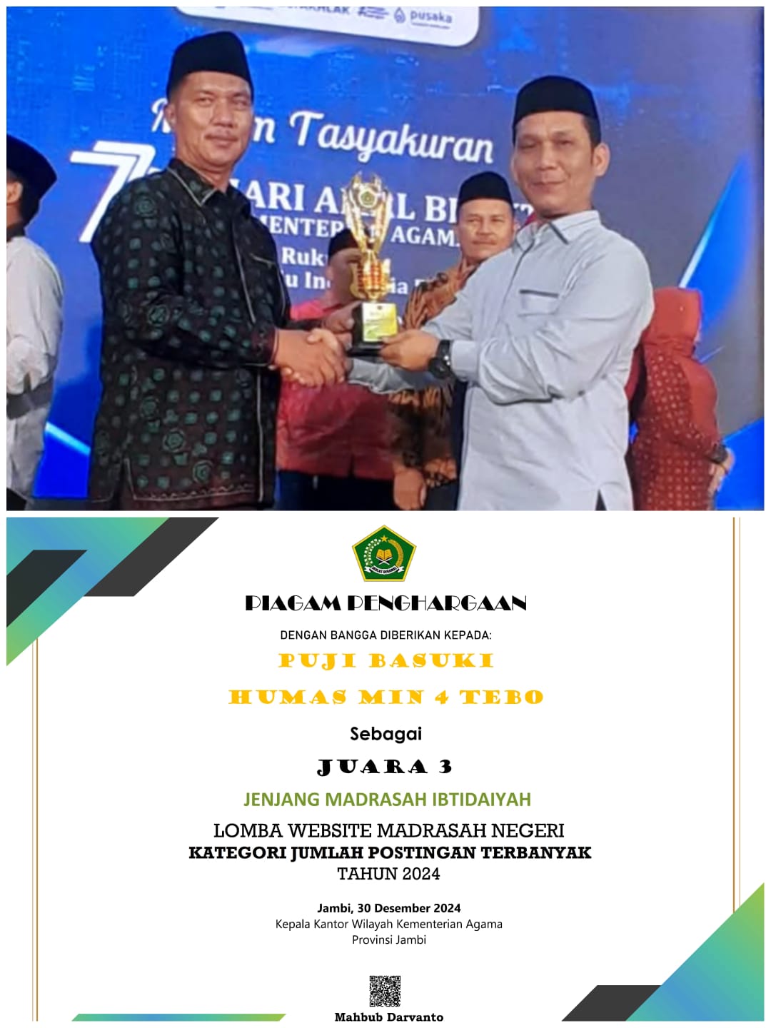 MIN 4 Tebo Raih Juara 3 Lomba Website Madrasah Kategori Postingan Terbanyak  