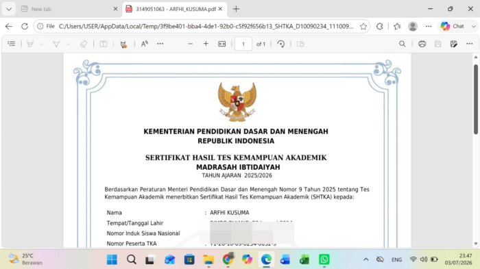 Sertifikat Hasil TKA 2026 Telah Terbit, MIN 4 Tebo Segera Cetak dan Bagikan