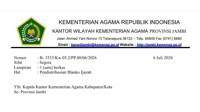 Kanwil Kemenag Jambi Instruksikan Pengambilan Blanko Ijazah Madrasah Kanwil Kemenag Jambi Instruksikan Pengambilan Blanko Ijazah Madrasah